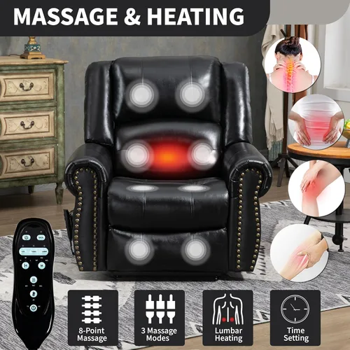 Miniatura 4 de Silla elevadora eléctrica de doble motor, silla reclinable plana con masaje y calor para personas mayores, control remoto, posición infinita, Negro