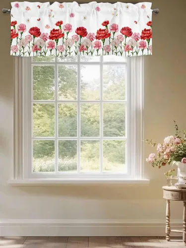 Miniatura 5 de Cenefa floral para ventanas, cortinas de clavel rojo y rosa, cenefas con bolsillo para barra, cenefa de ventana para primavera, vacaciones, día