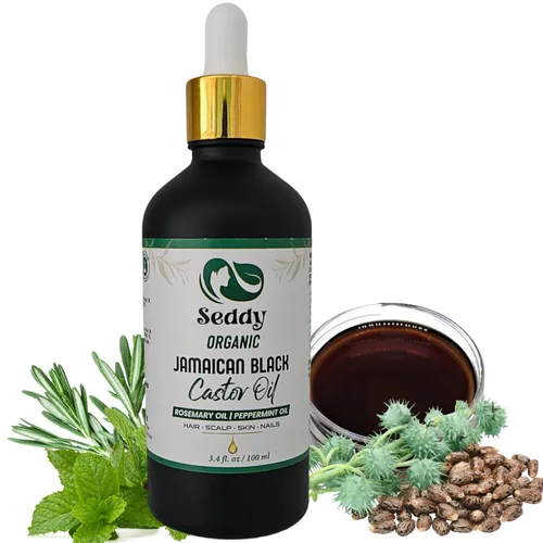 Seddy Aceite de ricino negro jamaicano orgánico con romero y menta – Aceite de tratamiento para el crecimiento del cabello y el cuero cabelludo