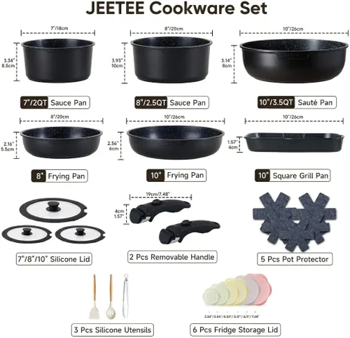 Miniatura 2 de JEETEE Juego de 25 piezas de ollas y sartenes antiadherentes, juego de utensilios de cocina con mango desmontable, cocina de inducción y camping