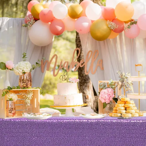 Miniatura 5 de nanbowang Mantel de lentejuelas color morado claro para fiestas, rectangular, superposición de tela de lentejuelas, manteles de mesa de cumpleaños