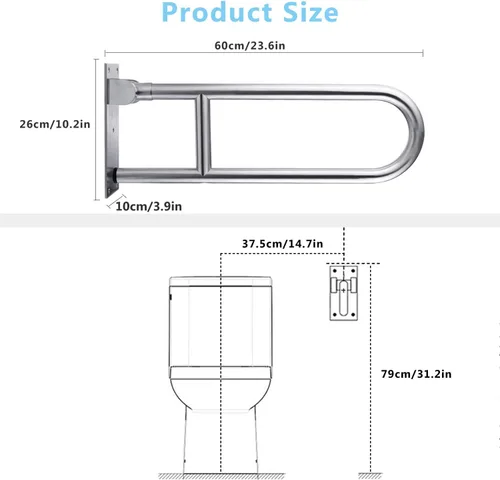 Miniatura 6 de Barras de agarre de inodoro de 23.6 pulgadas para baño, acero inoxidable, barras de seguridad abatibles para personas mayores, bañeras, duchas, asas