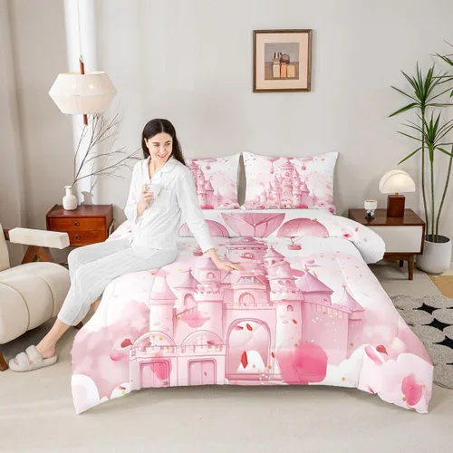 Miniatura 5 de Feelyou Juego de edredón de castillo rosa para niños, tamaño individual, juego de ropa de cama de princesa para niños y niñas, inserto de edredón