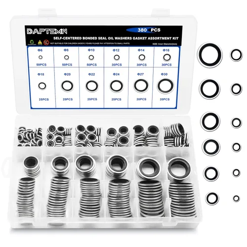 Miniatura 10 de 165 Piezas Arandelas de Sellado Adheridas, Arandelas de Goma de Sellado Autocentradas NBR Métricas de Acero Galvanizado en Zinc, Kit de Surtido