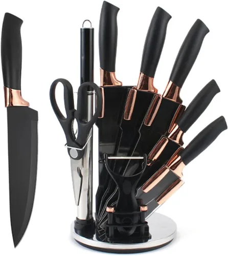 Juego de cuchillos de cocina antiadherentes de acero inoxidable, 9 piezas, juego de cuchillos afilados con afilador, juego de cuchillos con soporte