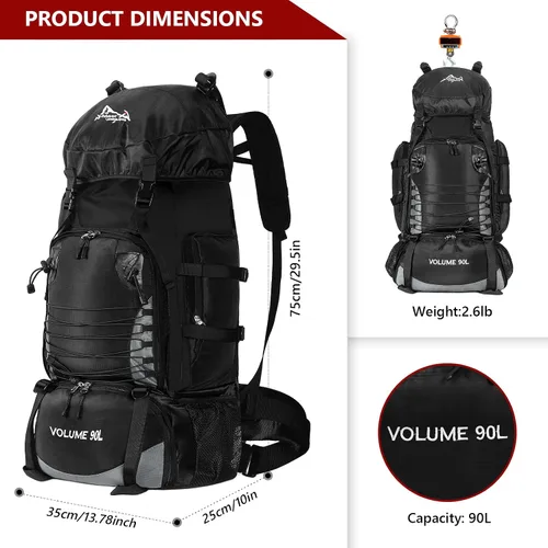Miniatura 5 de Mochila de senderismo de 90L, bolsa de camping impermeable con cubierta de lluvia, mochila ligera para mochileros, sin marco Negro