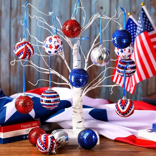 Miniatura 4 de Thinkday 12 adornos colgantes patrióticos del 4 de julio, bolas colgantes para árbol, pancartas al aire libre, adornos para árbol del Día