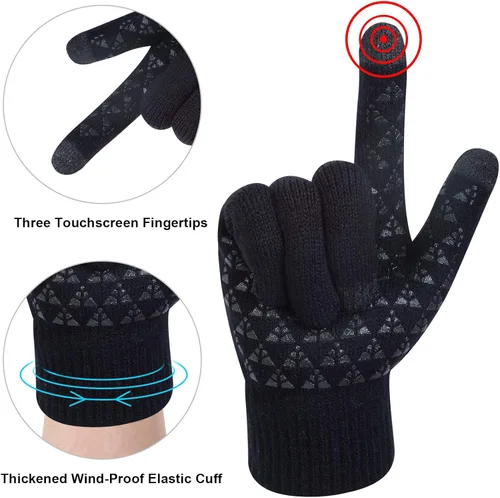 Miniatura 4 de Winter Beanie Hat Scarf Gloves Set 3 Pieces Mens Warm Knit Thick Slouchy Cap Neck Warmer Touchscreen Gloves Set