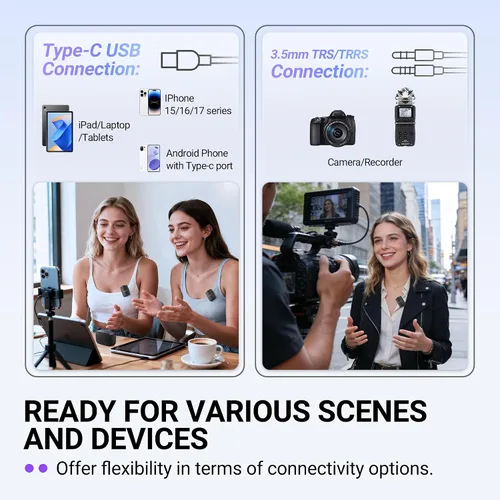 Miniatura 3 de FIFINE Micrófono Lavalier Inalámbrico para iPhone/Android/Cámara, Sistema de Micrófono de Solapa Inalámbrico de 2 Unidades para Grabación de Vlog