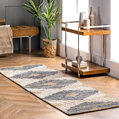 nuLOOM Otelia - Alfombra de yute y mezclilla (2 pies 6 pulgadas x 8 pies), Color Mezclilla y Blanco Marla Blanquecino