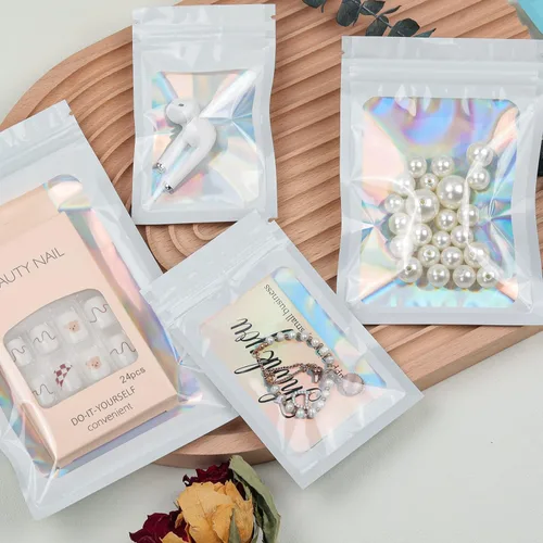 Miniatura 64 de 120 bolsas de tereftalato de polietileno a prueba de olores, bolsa de embalaje holográfica resellable con ventana transparente para alimentos
