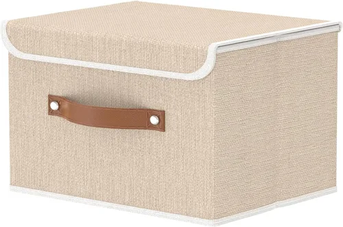 Miniatura 12 de OUTBROS Caja de almacenamiento plegable grande con tapa, organizador de armario de tela de lino, contenedores para toallas, ropa, 15 x 9.8 x 9.8