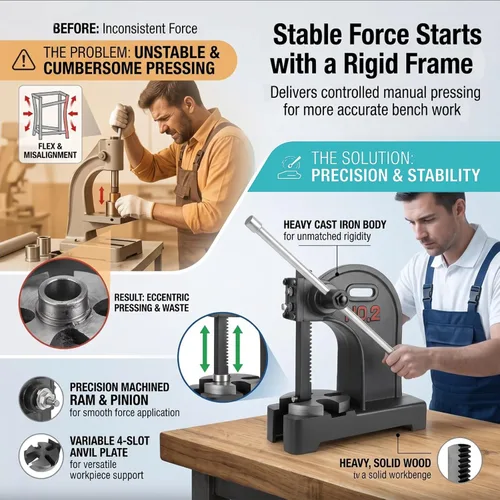 Miniatura 7 de 2 Ton Arbor Press, Heavy-Duty Manual Desktop Press, 8.5in Work Height, Hand Wheel Arbor Press with Reversible Ram & Removable Anvil, Cast Iron