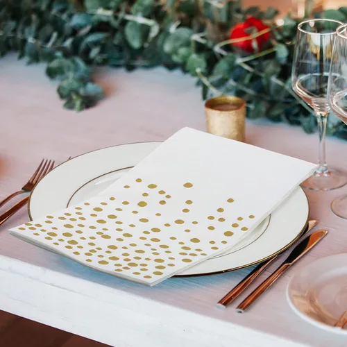 Miniatura 4 de Paquete de 120 servilletas de papel de aluminio dorado con lunares blancos y dorados, toallas de mano desechables metálicas para boda, baby shower