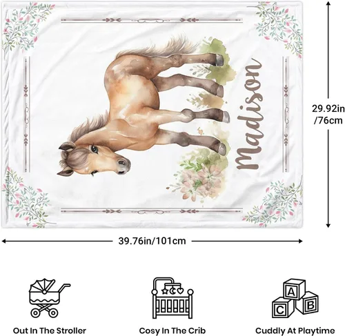 Miniatura 4 de Manta de bebé personalizada con caballo, manta de bebé para niña, manta floral para bebé con nombre que recibe manta de bebé, manta de felpa suave