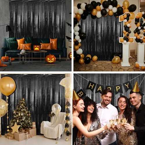 Miniatura 6 de Crosize Paquete de 2 Cortinas de Fondo de Flecos de Papel Metálico Negro de 3.3 x 9.9 pies, Cortinas de Fondo de Serpentinas, Decoraciones de Fiesta