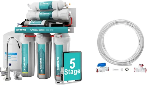 NU Aqua Sistema de filtro de agua de ósmosis inversa de 5 etapas para debajo del fregadero con bomba de refuerzo + kit de conexión para máquina de