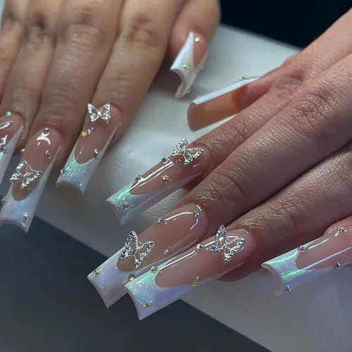 Miniatura 19 de 24 uñas postizas cuadradas de color negro brillante, de cobertura completa, con diseños de notas musicales, uñas postizas acrílicas con pegamento