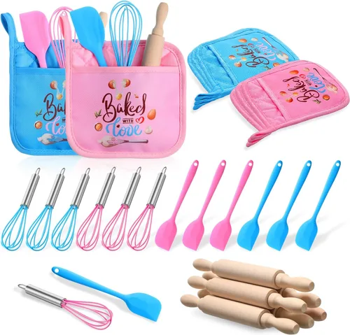 RoundFunny 24 piezas de mini suministros para hornear para niños con utensilios de cocina, soportes para ollas, espátula, rodillo, batidor para