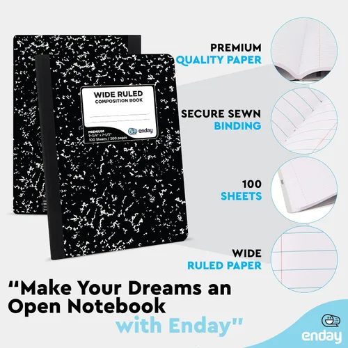 Miniatura 4 de Emraw cuaderno de composición con cubierta de estilo mármol de color blanco y negro, con 100 páginas de papel blanco con renglones angostos, 2