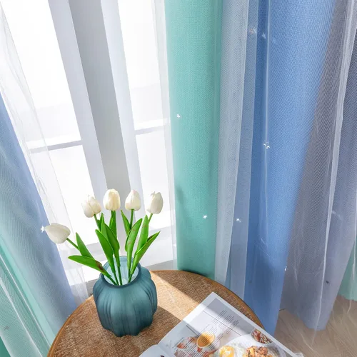 Miniatura 7 de XiDi Cortinas opacas con estrellas para habitaciones de niños, cortinas verdes para ventana de dormitorio de niños, azul y gris, 52 pulgadas de Azul