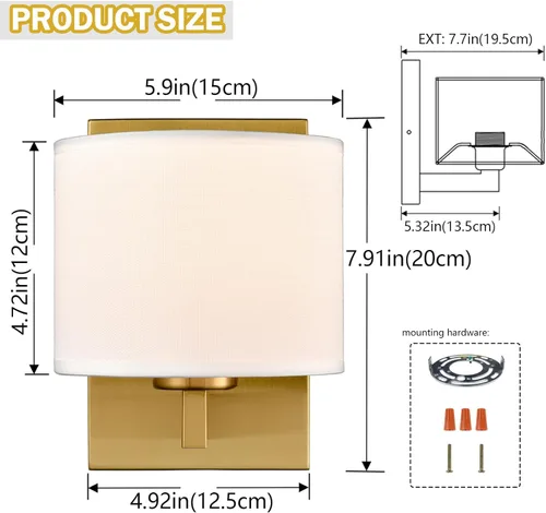 Miniatura 6 de SAMTEEN Juego de dos apliques de pared dorados modernos de latón de mediados de siglo, con pantalla de tambor, lámpara de pared para dormitorio