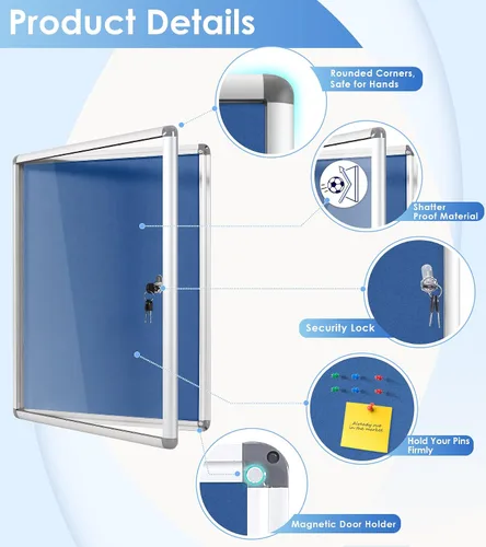 Miniatura 3 de SWANCROWN - Tablero de anuncios con cerradura a prueba de manipulaciones y cerrado para hogar, oficina y escuela, montado en la pared, de tela azul