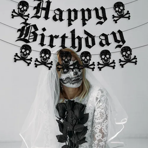 Miniatura 5 de Cartel gótico de feliz cumpleaños, guirnalda de calavera inglesa antigua con purpurina negra, divertida pancarta de cumpleaños funerario para fiesta