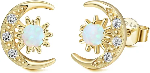 Milacolato Pendientes de plata de ley 925 con ópalo chapado en oro de 18 quilates con circonita cúbica y media luna y estrella para mujer