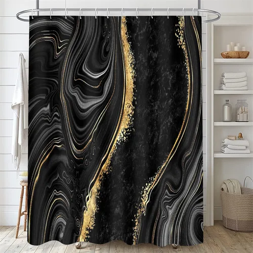 Miniatura 2 de Nkzply Juego de 4 Piezas de Cortinas de Ducha de Mármol Negro con Alfombras, Juegos de Baño Dorados con Cortina de Ducha y Alfombras, Accesorios