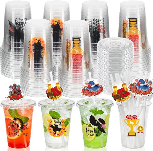 Miniatura 8 de MUOUAKATE Copas Derby desechables de plástico a granel, paquete de 100 vasos de 12 onzas Derby Clear Julep con pajitas de plástico y tarjetas