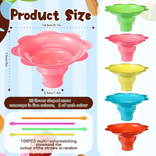 Miniatura 3 de Silkfly Juego de 25 tazas de cono de nieve de flores coloridas de 4 onzas y kit de sombrillas de papel y pajitas de cuchara, cuencos de hielo