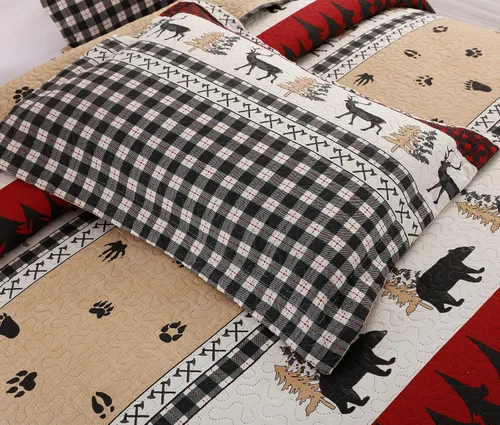 Miniatura 3 de Juego de ropa de cama rústico de tamaño individual, colcha con diseño de cabaña y lodge, edredón de estilo country, colcha a cuadros de búfalo