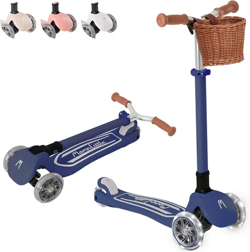 Miniatura 12 de MomnLittle - Patinete para niños de 3 a 10 años (beige/rosa/azul marino/blanco) de 3 ruedas con luces LED, certificado por la CPSC plegable y 4