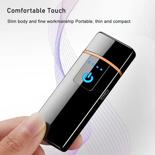 Miniatura 5 de Encendedor electrónico, resistente al viento, recargable por USB, de bobina delgada, con sensor de huellas dactilares inteligente, encendido de Negro
