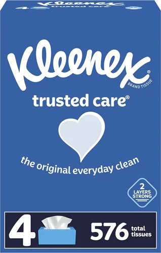 Kleenex Trusted Care - Pañuelos faciales para uso diario, 4 cajas rectangulares, 144 pañuelos por caja (576 pañuelos en total)