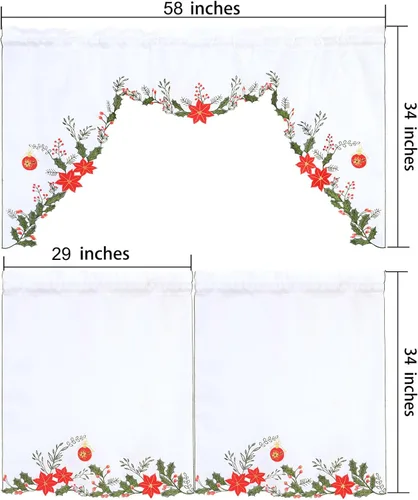 Miniatura 5 de Juego de cortinas para ventana de cocina con bolsillo de varilla bordadas para las vacaciones de Navidad (Poinsettia B)