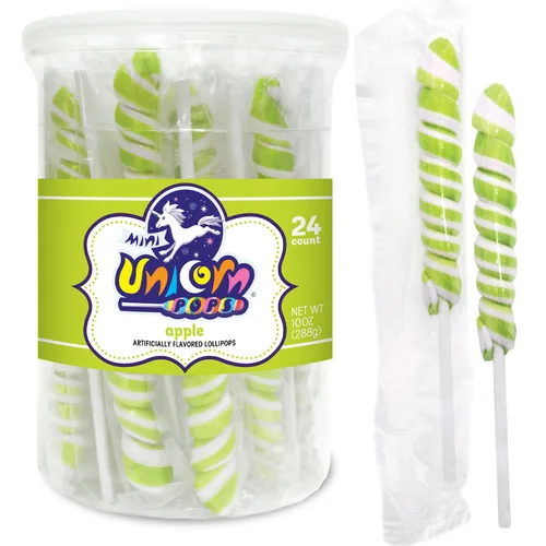 Adams & Brooks - Paletas pequeñas de unicornio de manzana verde brillante, tarro de 10 onzas (24 unidades) - Piruletas de unicornio Twisty, dulces