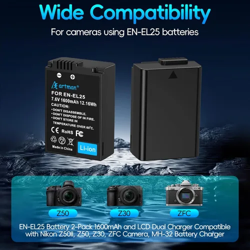 Miniatura 2 de Artman EN-EL25 EN-EL25A - Batería de 1600 mAh, paquete de 2 y cargador dual USB-C LCD compatible con Nikon Z50II, Z50, Z30, batería ZFC 4241