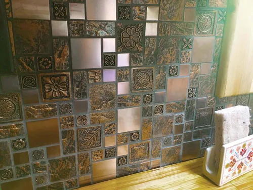 Miniatura 10 de Hominter Azulejo de mosaico de bronce y metal cepillado de resina texturizada de cobre decorativo para salpicaduras de cocina, pared de baño