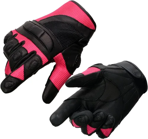Milwaukee Leather MG7740 - Guantes de moto de carreras de cuero negro y malla verde neón con nudillos y dedos acolchados para mujer Rosado
