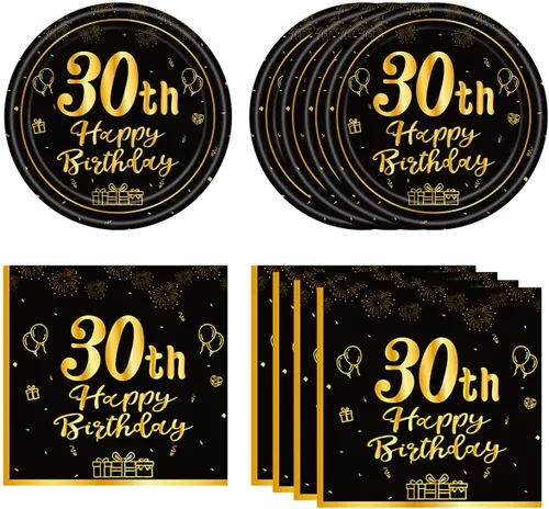 Juego de 40 platos y servilletas desechables para fiesta de cumpleaños de 30 años para ella, vintage, negro y dorado, 1996, 30 años, juego de