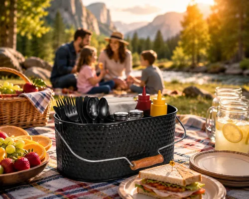 Miniatura 3 de Bedding Craft Organizador de utensilios galvanizado – Soporte de metal para cocina, picnic y fiestas, organizador rústico para negro, cubiertos