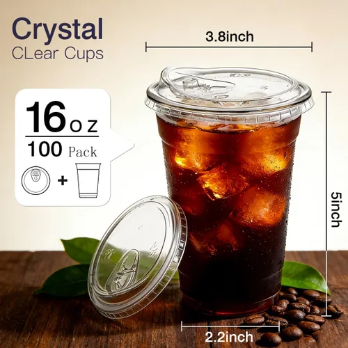 Miniatura 2 de ARTLYMERS Paquete de 100 vasos de plástico transparente de 16 onzas con tapas, tazas desechables para café helado con tapas para sorbos para bebidas