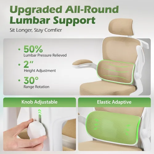 Miniatura 4 de AreShark Silla de Oficina Ergonómica con Soporte Lumbar Ajustable y Gancho para Reposacabezas, Silla de Malla Transpirable de Respaldo Alto con Caqui