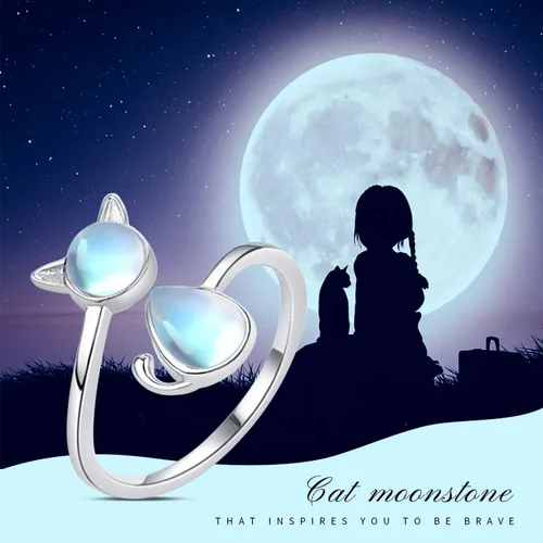 Miniatura 3 de CHENGHONG Anillo de plata de ley 925 con piedra de luna anillos de animales abiertos joyería de gato de la suerte regalos para mujeres y niñas