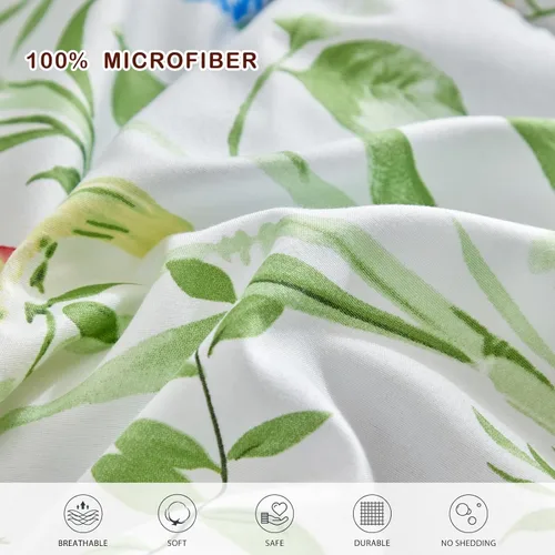 Miniatura 7 de Joyreap - Juego de ropa de cama tamaño Queen en una bolsa, 7 piezas, juego de edredón floral, hojas verdes y pájaros coloridos sobre diseño blanco
