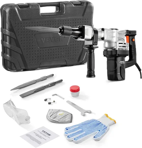 VEVOR Martillo de demolición Jack Hammer, Martillo eléctrico de 1400W de servicio pesado, 2 piezas de cinceles para astillas con estuche, rompedor