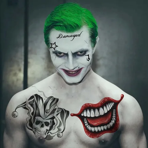 Miniatura 5 de VANTATY 5 hojas de tatuajes temporales 3D de Halloween Joker para hombres, mujeres y adultos, gótico, estilo de Halloween, impermeable, patrón de A