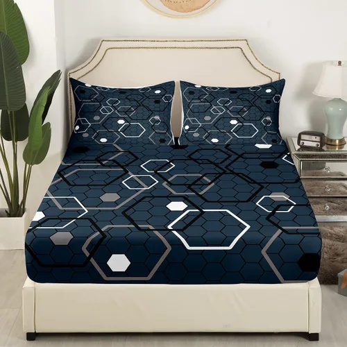 Miniatura 3 de Manfei Sábana bajera hexagonal tamaño individual, juego de ropa de cama de panal azul marino de 2 piezas para decoración de habitación de niños